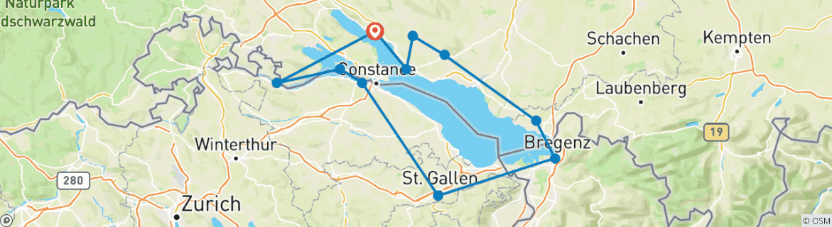 Image of a map showing the route of the tour