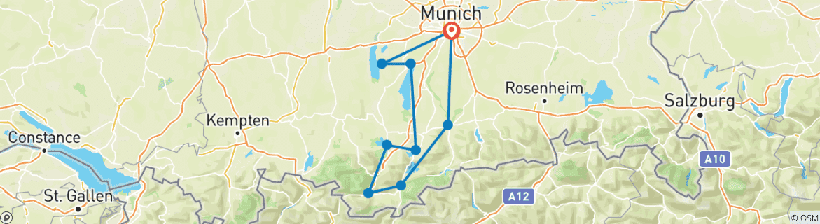 Image of a map showing the route of the tour