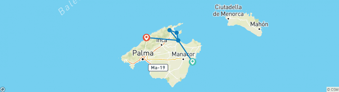 Image of a map showing the route of the tour