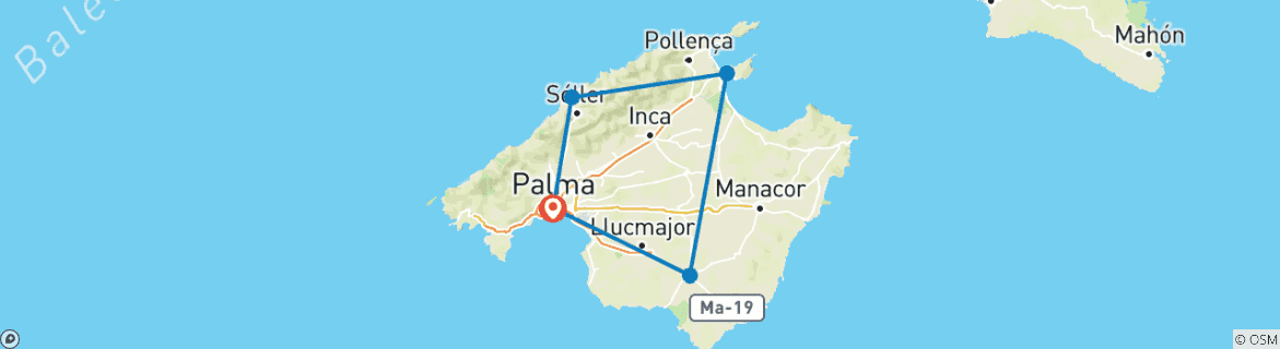Image of a map showing the route of the tour