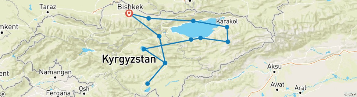 Image of a map showing the route of the tour