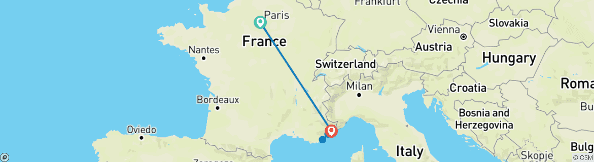 Image of a map showing the route of the tour