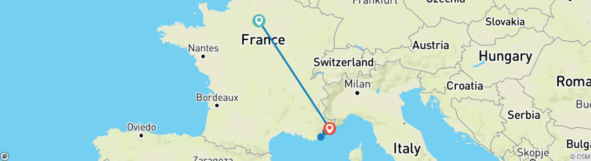 Image of a map showing the route of the tour