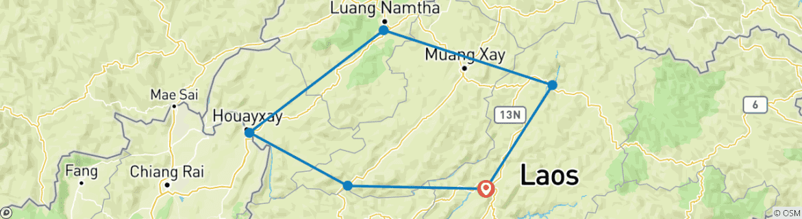 Image of a map showing the route of the tour