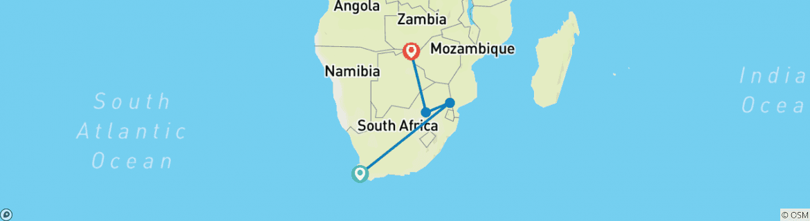 Image of a map showing the route of the tour