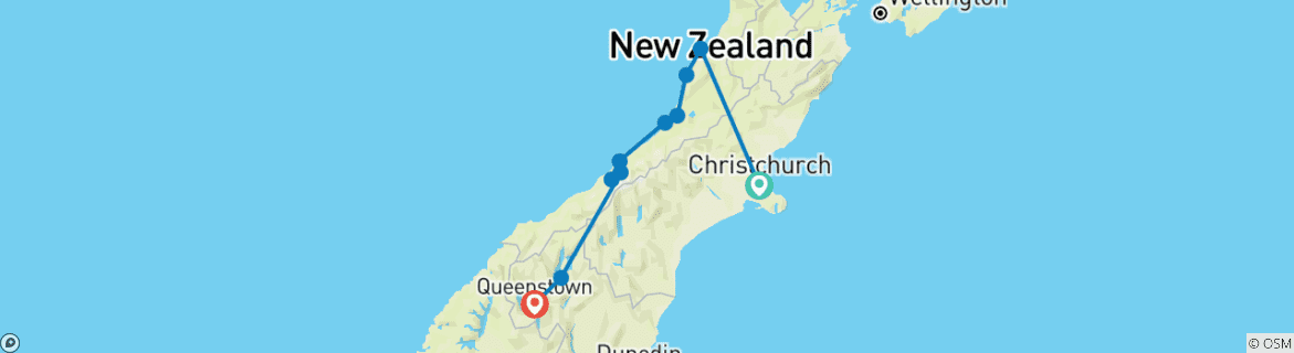 Carte du circuit Aventure sur la côte ouest de la Nouvelle-Zélande