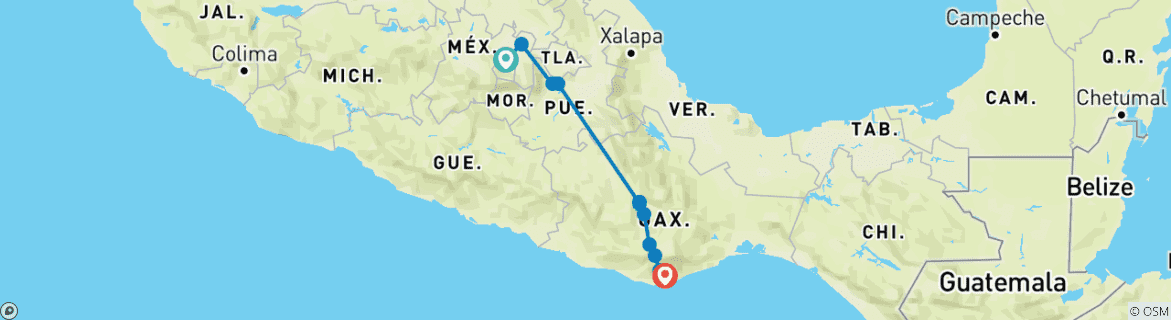Image of a map showing the route of the tour