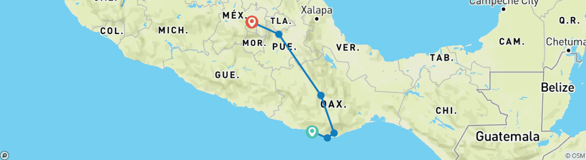 Image of a map showing the route of the tour