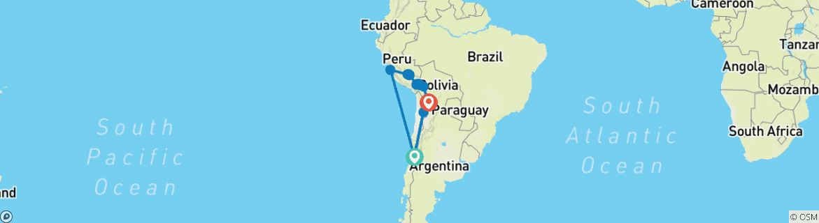 Image of a map showing the route of the tour
