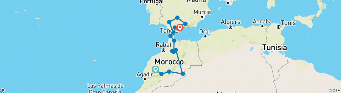 Image of a map showing the route of the tour