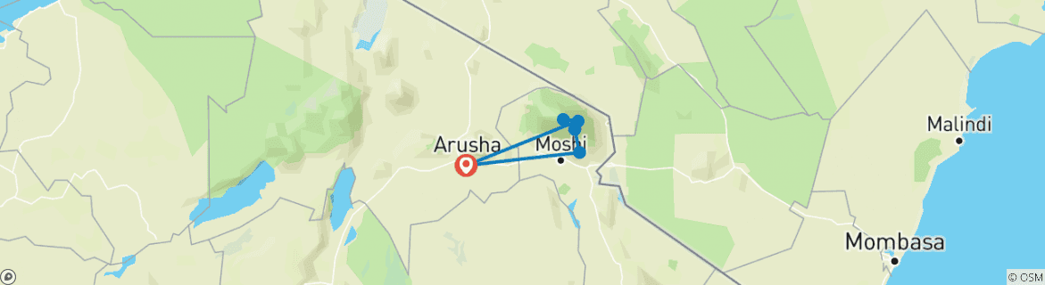 Image of a map showing the route of the tour