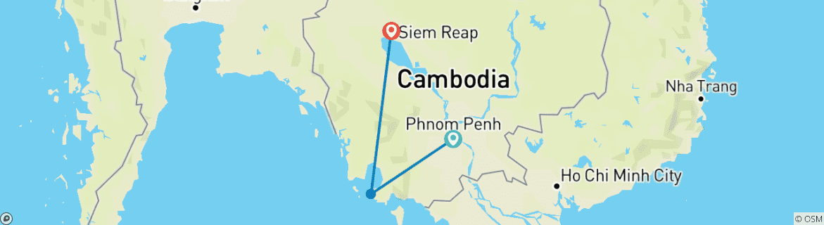 Carte du circuit Vacances familiales personnalisées de 7 jours au Cambodge, voiture privée et départ quotidien