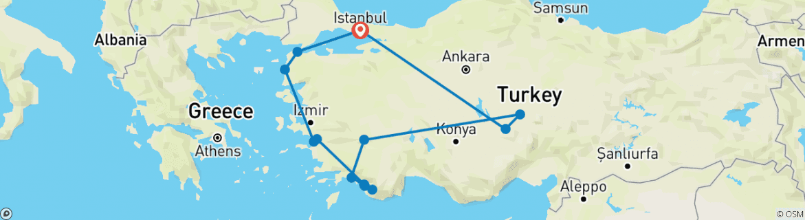 Image of a map showing the route of the tour