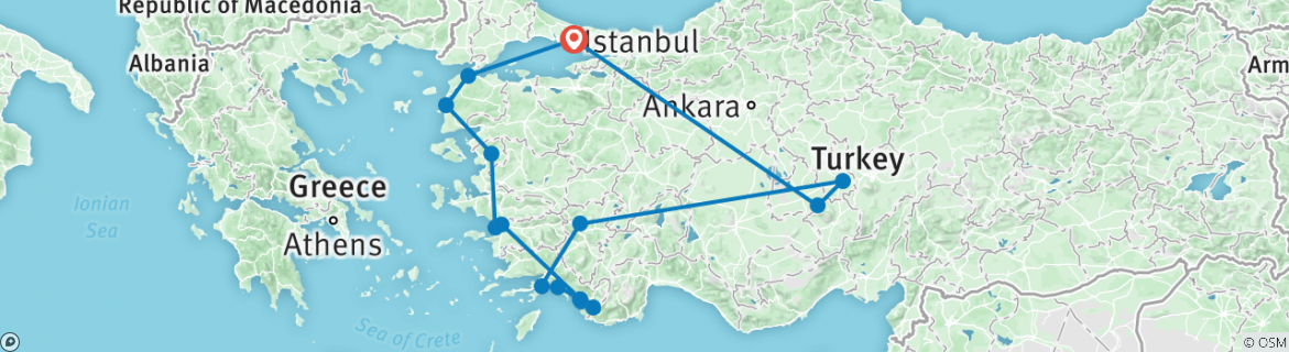 Image of a map showing the route of the tour