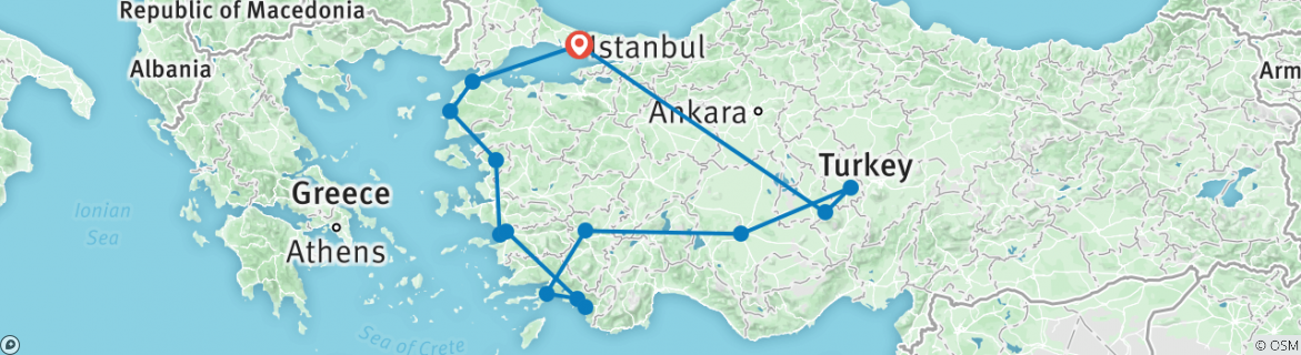 Image of a map showing the route of the tour