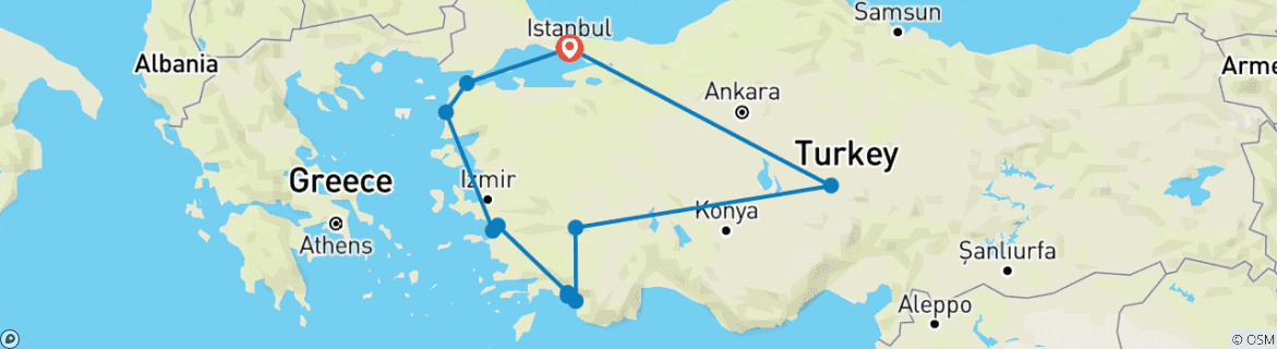 Image of a map showing the route of the tour