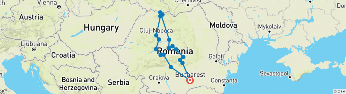 Image of a map showing the route of the tour