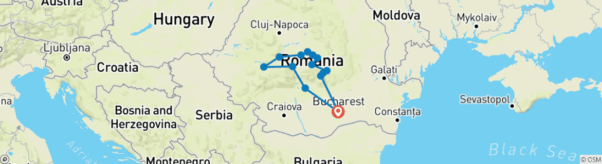 Image of a map showing the route of the tour