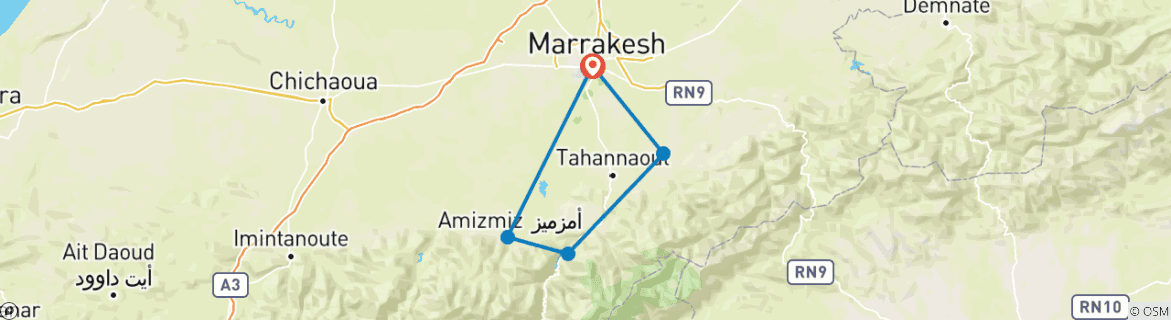 Image of a map showing the route of the tour