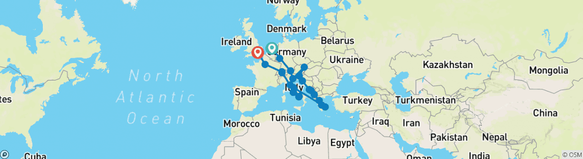 Image of a map showing the route of the tour