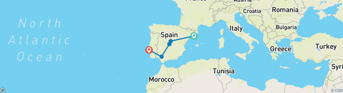 Image of a map showing the route of the tour