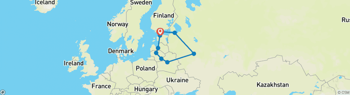 Image of a map showing the route of the tour