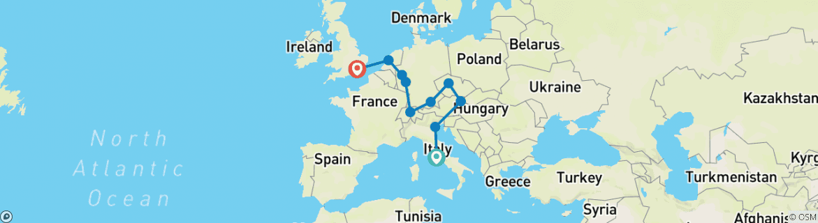 Image of a map showing the route of the tour