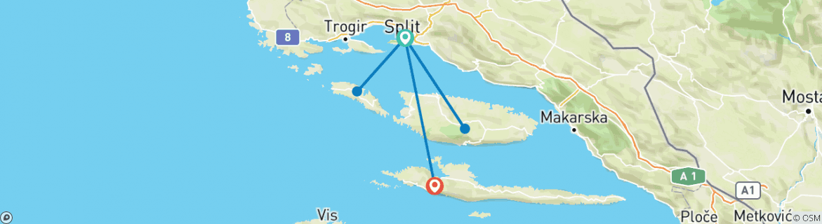 Image of a map showing the route of the tour