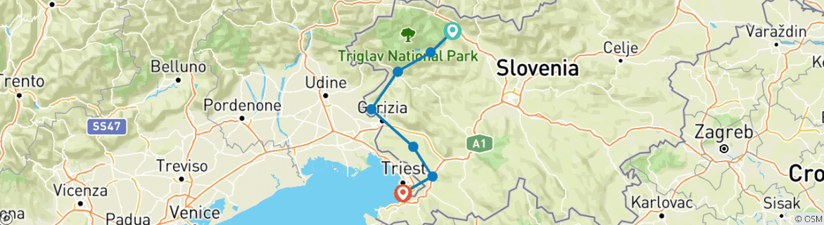 Image of a map showing the route of the tour