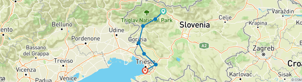 Image of a map showing the route of the tour