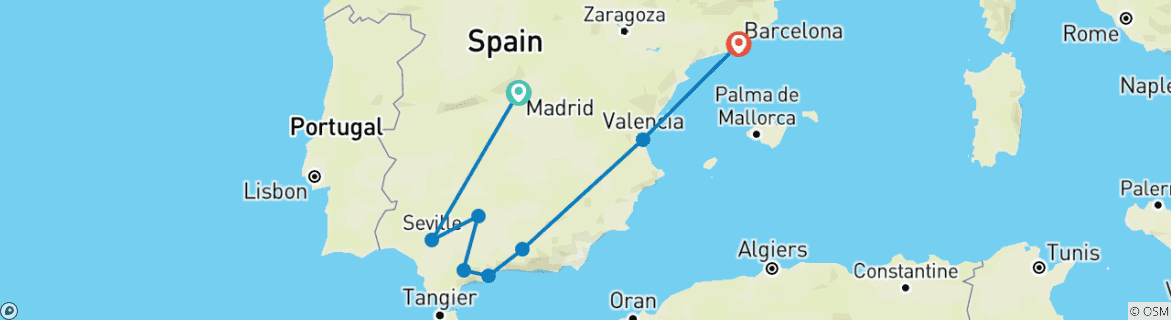 Image of a map showing the route of the tour