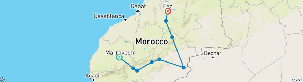Image of a map showing the route of the tour