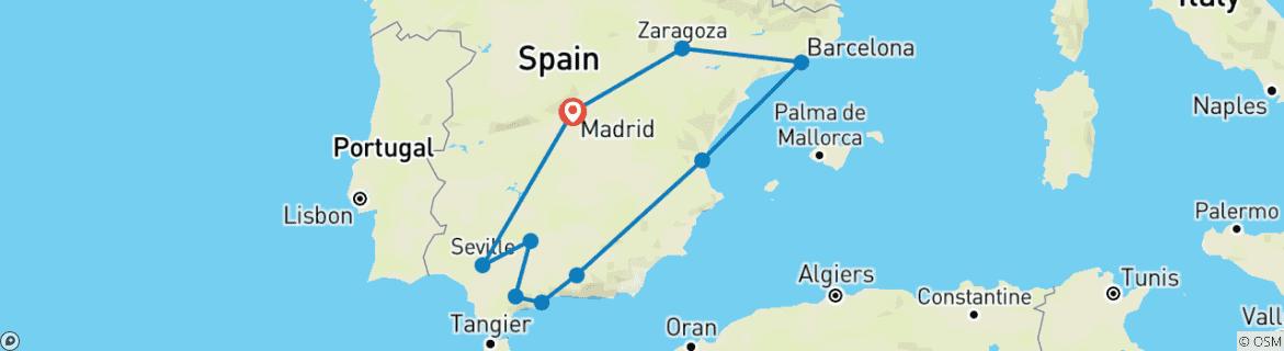 Image of a map showing the route of the tour