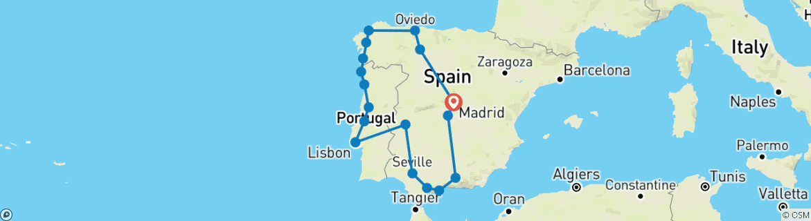 Image of a map showing the route of the tour