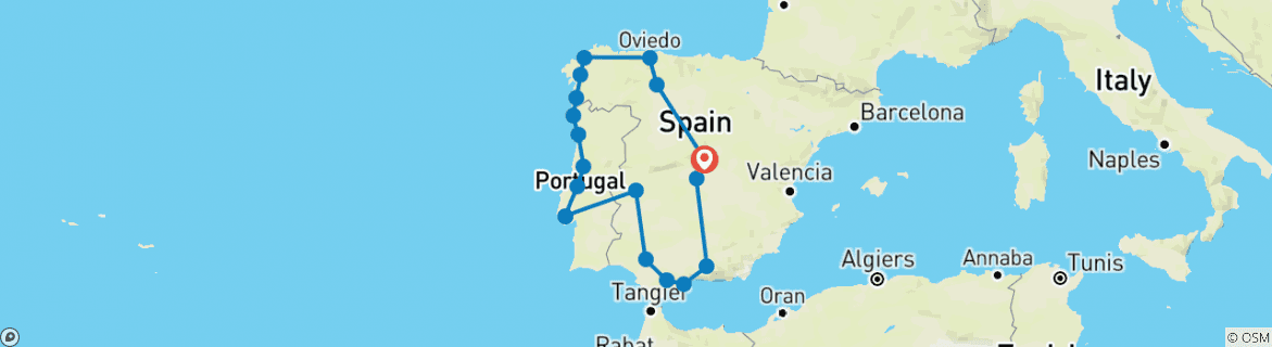 Image of a map showing the route of the tour