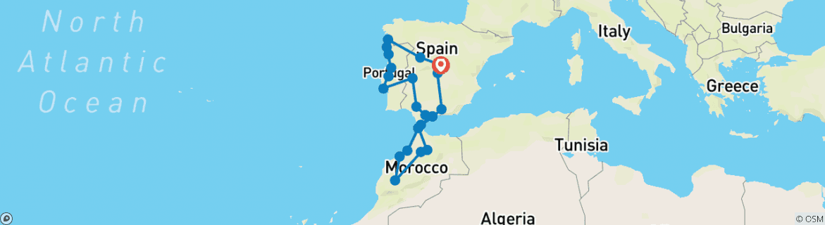Image of a map showing the route of the tour