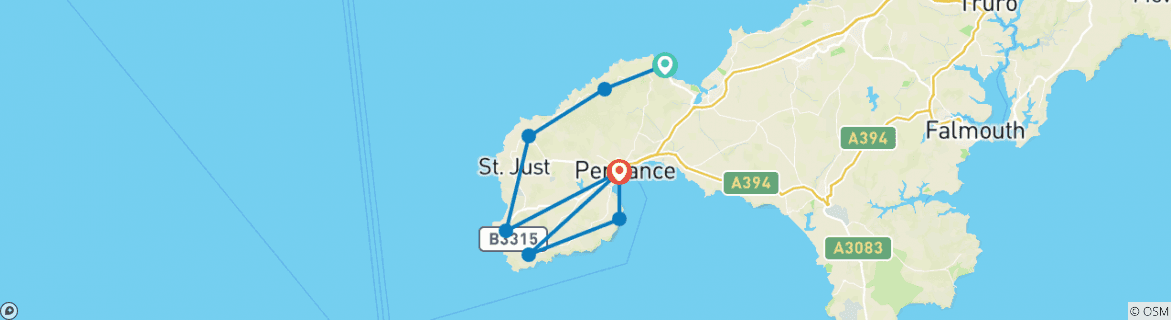 Image of a map showing the route of the tour