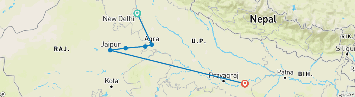Image of a map showing the route of the tour