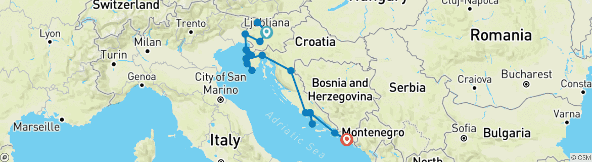 Image of a map showing the route of the tour