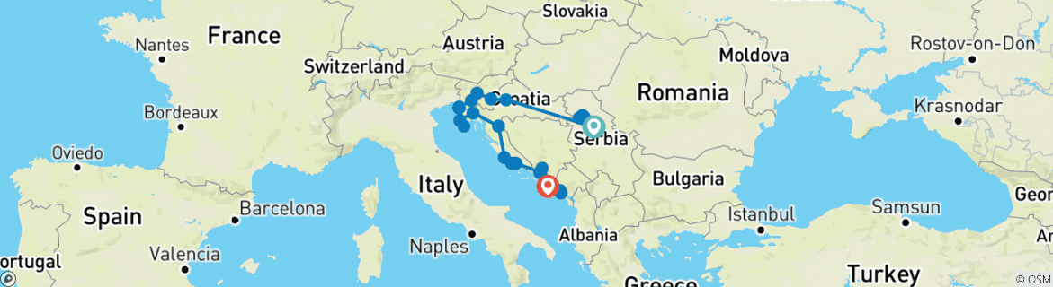 Image of a map showing the route of the tour