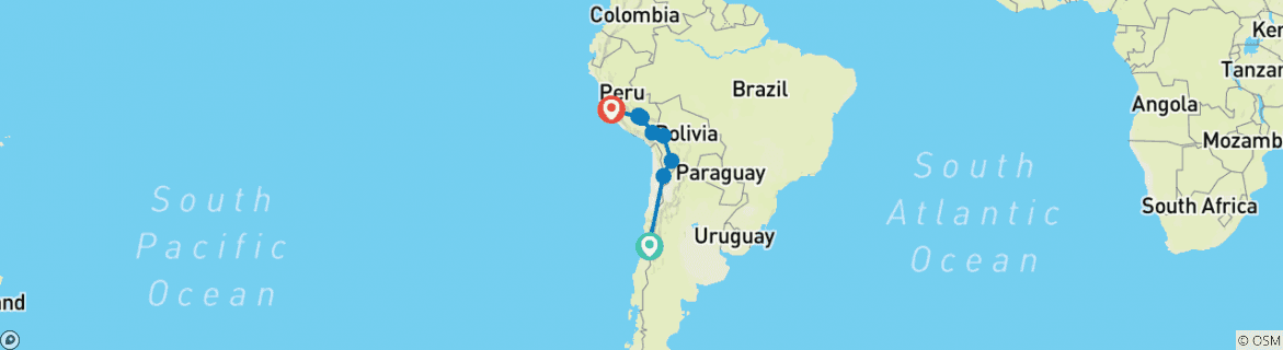Image of a map showing the route of the tour