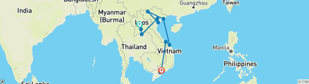 Image of a map showing the route of the tour