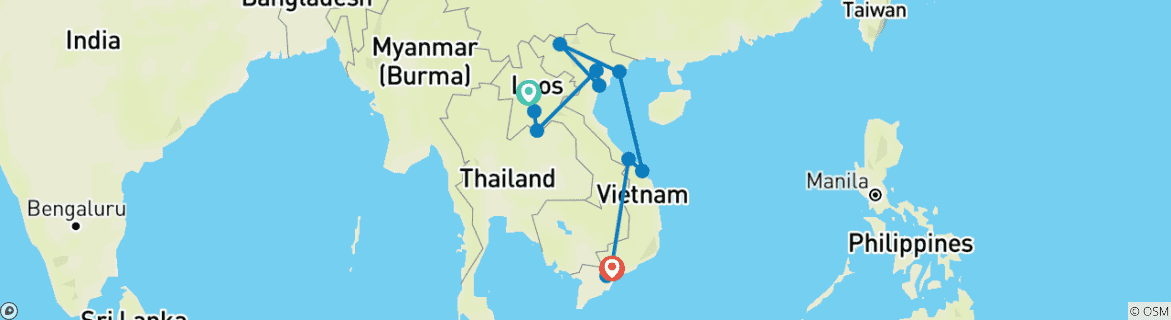 Image of a map showing the route of the tour