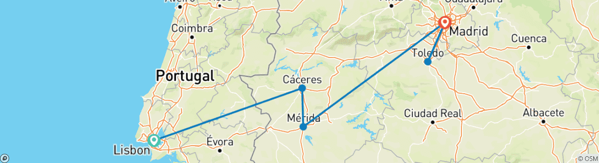 Image of a map showing the route of the tour