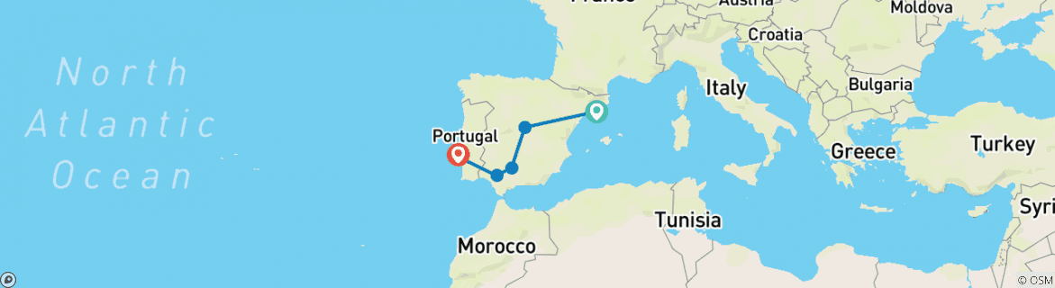Image of a map showing the route of the tour