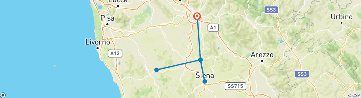 Image of a map showing the route of the tour