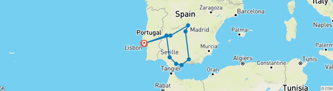 Image of a map showing the route of the tour