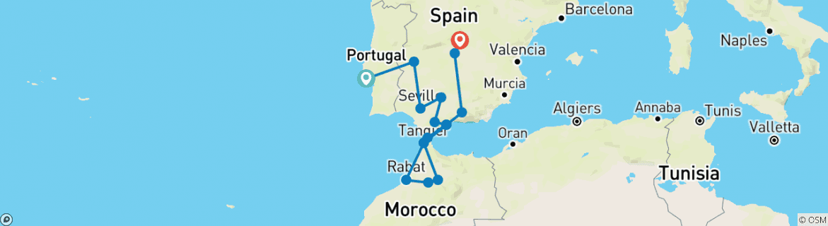 Image of a map showing the route of the tour