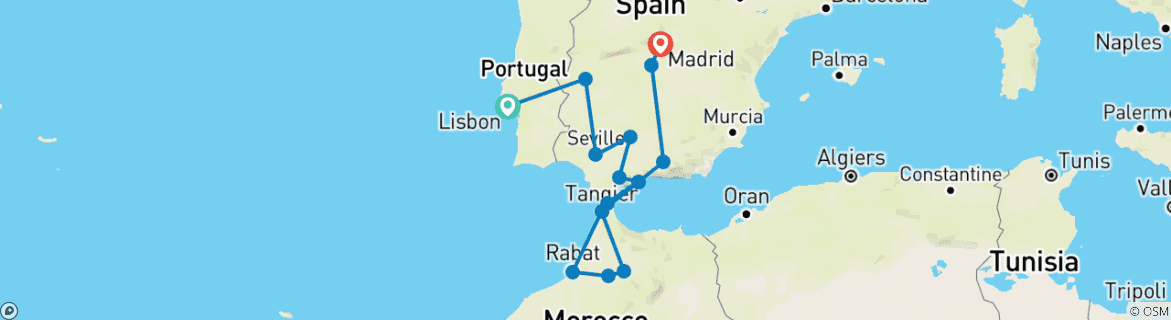 Image of a map showing the route of the tour