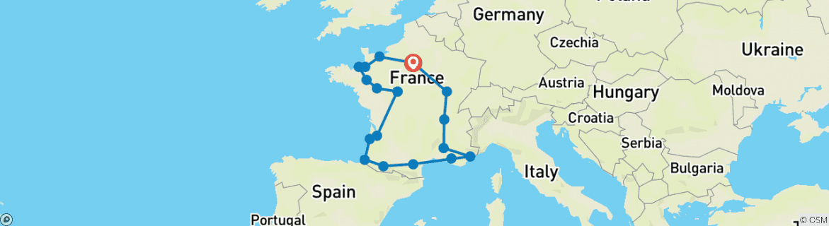 Image of a map showing the route of the tour